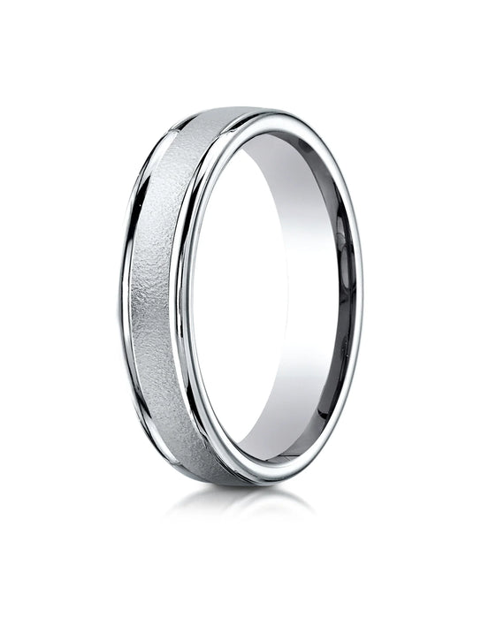 Comfort Fit 18K White Gold Wedding Band with Designer Sand Blasted Finish – 4 mm