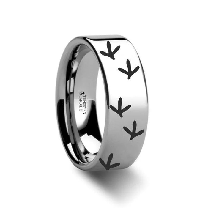 Quail Bird Track Print Engraved Flat Tungsten Ring - 6mm or 8mm