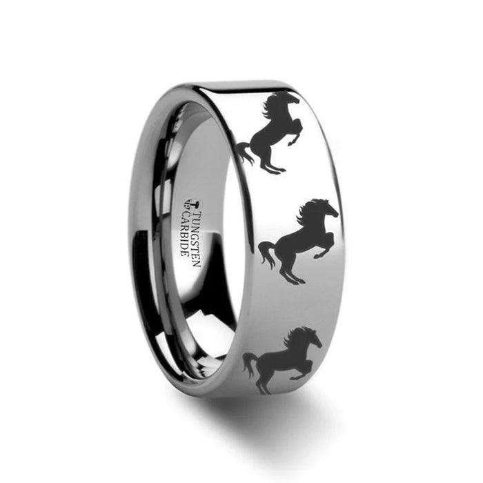 Horse Rearing Print Engraved Flat Tungsten Ring - 6mm or 8mm