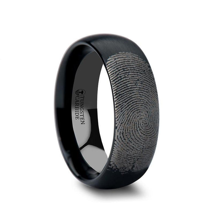 RAIDER Fingerprint Engraved Domed Black Tungsten Ring Brushed Finish  4mm or 8mm