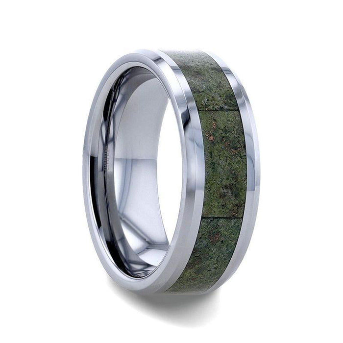 LIBERTY Tungsten ring with Beveled Edges and Green Copper Conglomerate Inlay - 8mm